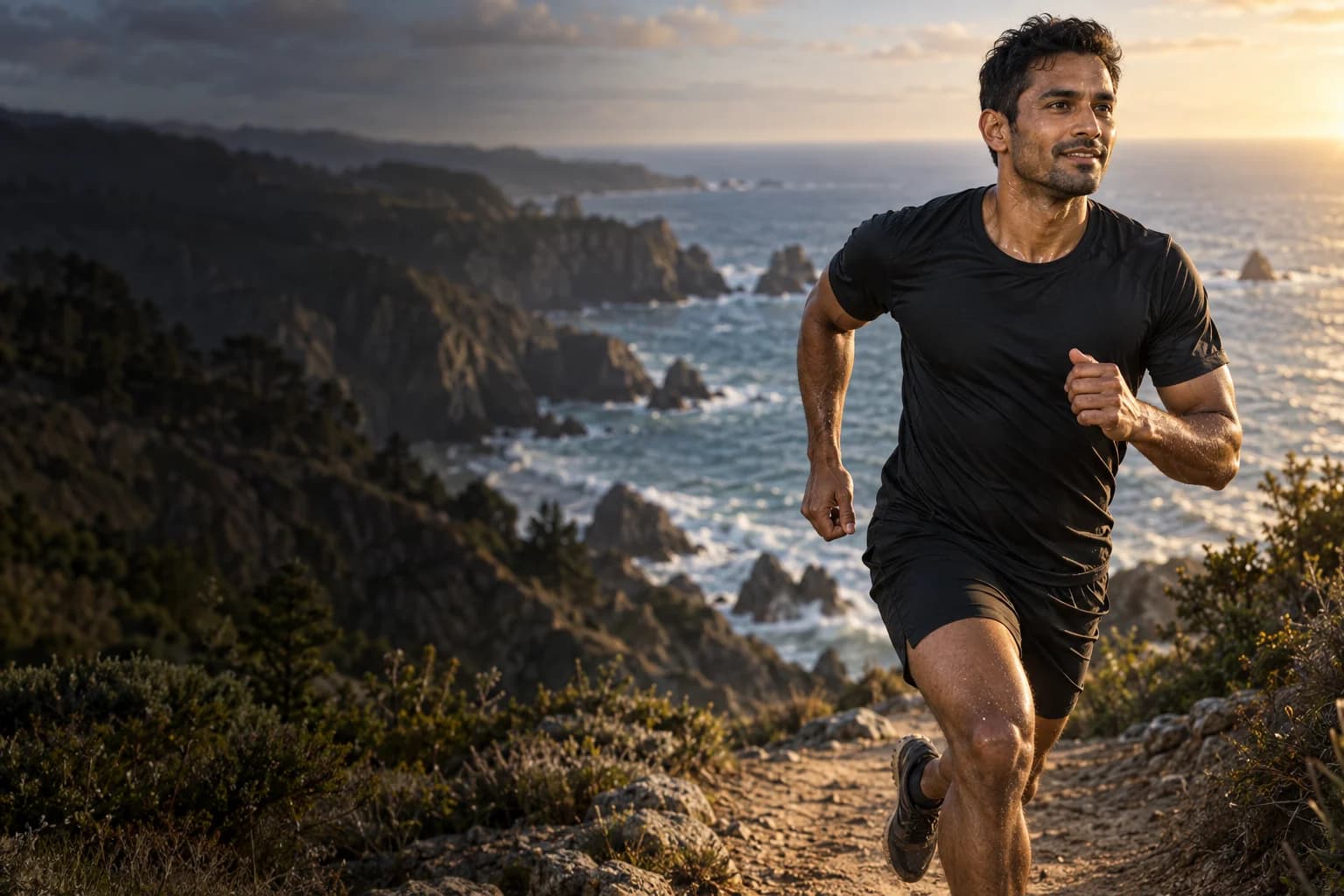 Trail runner moving through technical terrain
