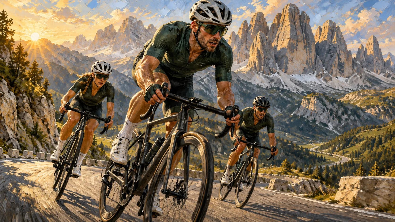Gemalte Illustration von Rennradfahrern beim Anstieg unter alpinen Felstürmen