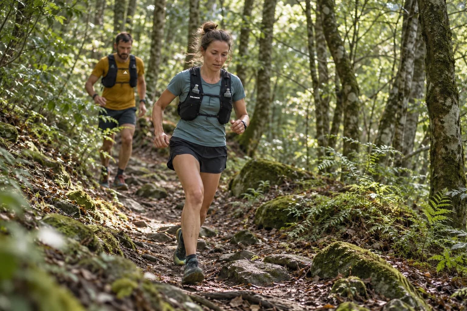 AI-gegenereerd sfeerbeeld: trailrunners op een groen bospad
