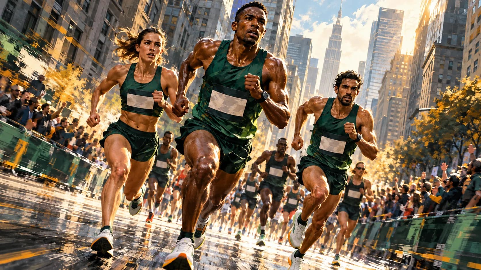 Painted illustration of a marathon pack racing through a city