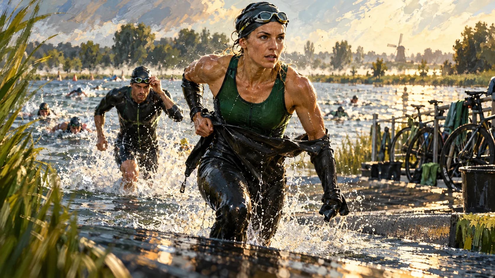 Painted illustration of triathletes racing out of the water towards transition