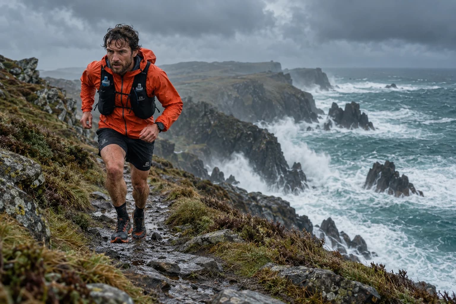 AI-gegenereerd sfeerbeeld: trailrunner in een regenjack op een stormachtig kustpad