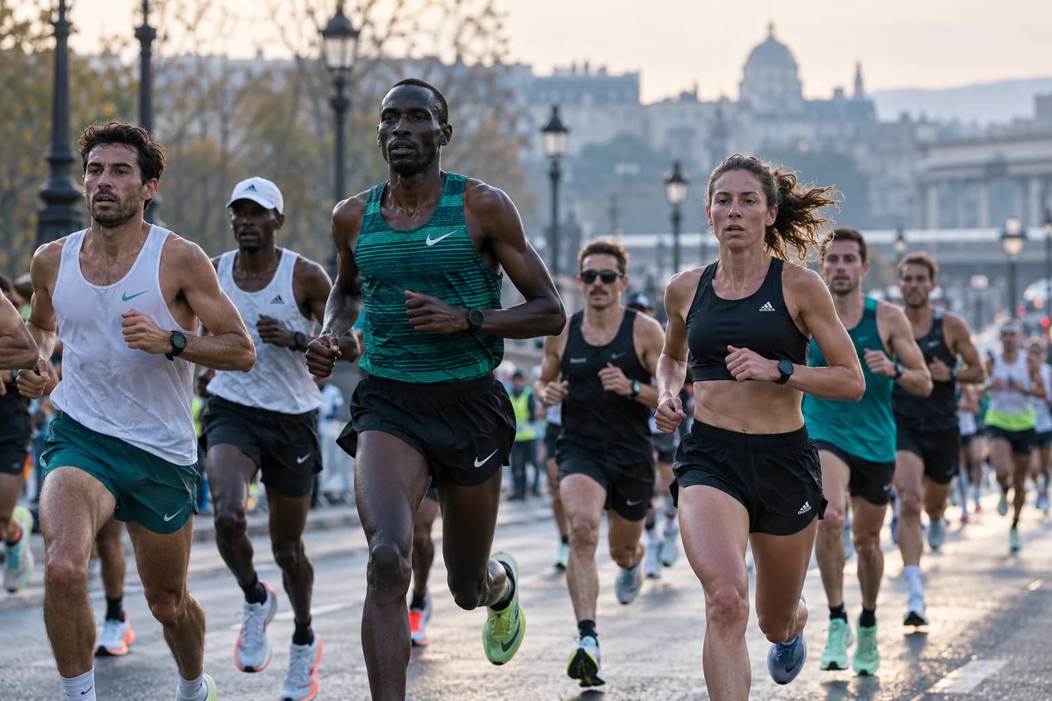AI-gegenereerd sfeerbeeld: marathonlopers op een brede stadsboulevard