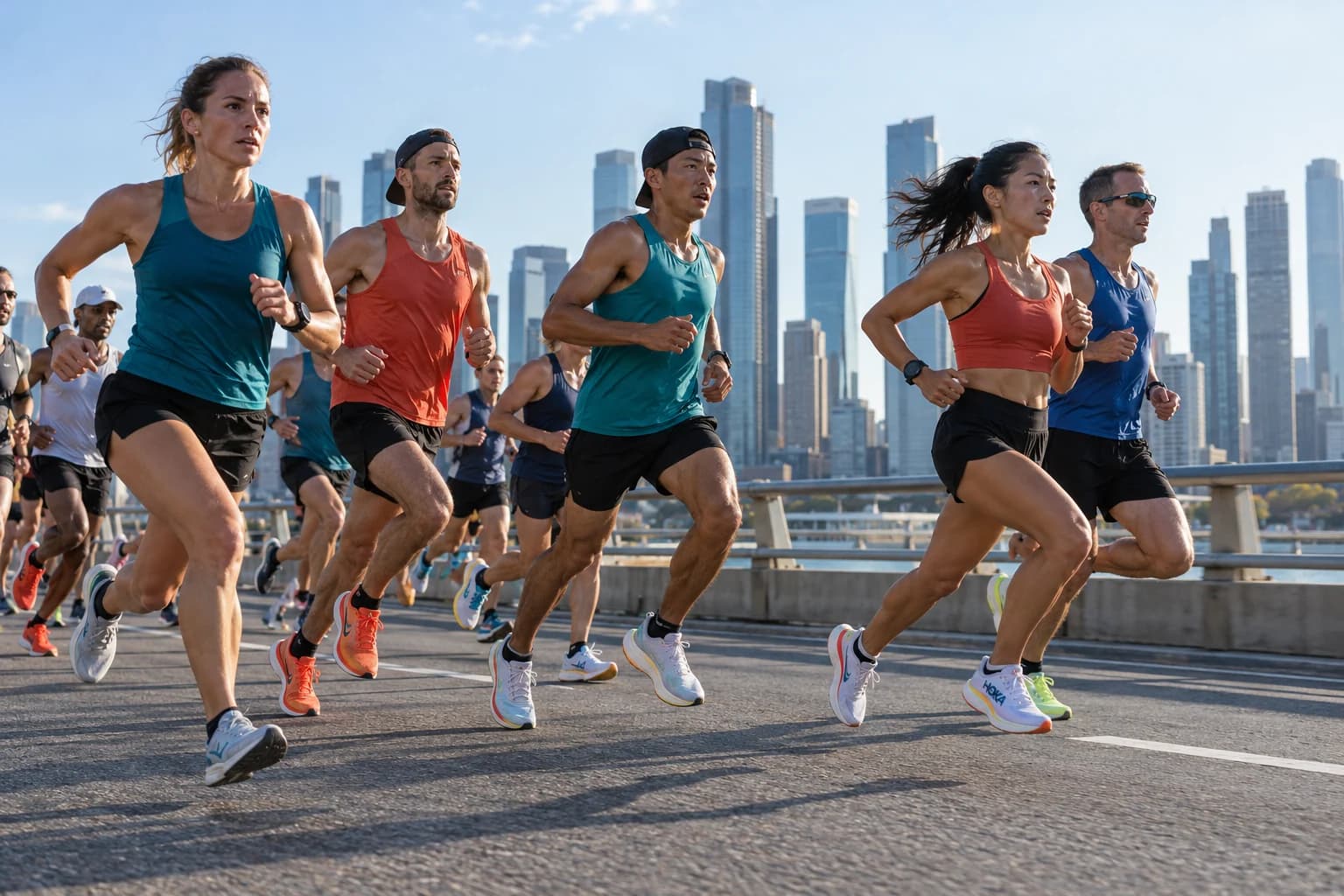 AI-gegenereerd sfeerbeeld: marathonlopers op een stadsbrug met een skyline erachter