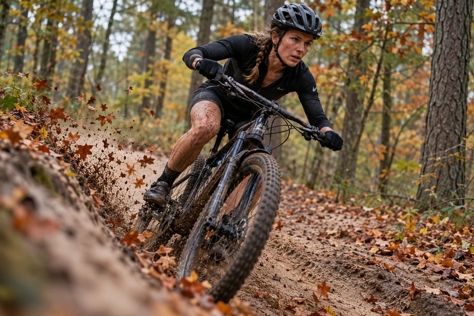 AI-gegenereerd sfeerbeeld: offroad-triatlete in een bocht op een zanderig bospad