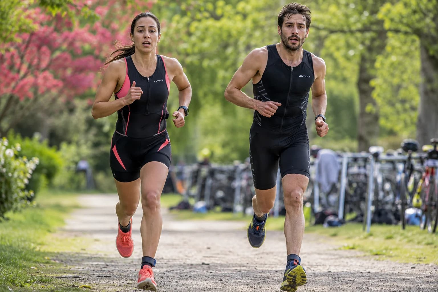 AI-generated atmosphere image: duathletes racing past spring trees and transition racks