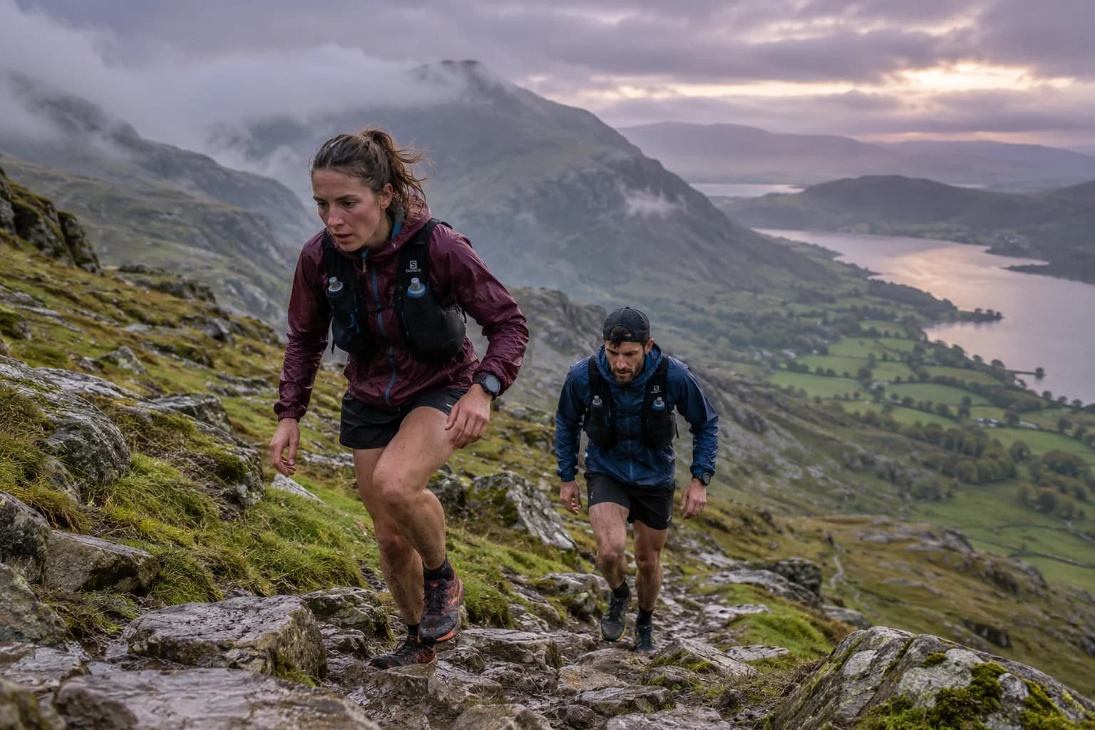 AI-gegenereerd sfeerbeeld: trailrunners op rotsige groene hellingen boven mistige dalen