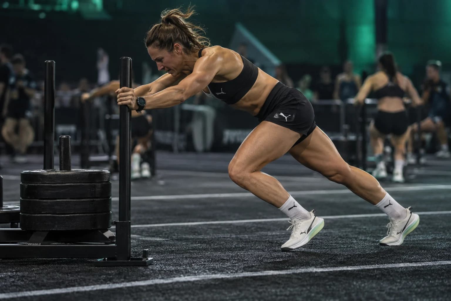 AI-generated atmosphere image: athlete driving a weighted sled across an indoor race lane