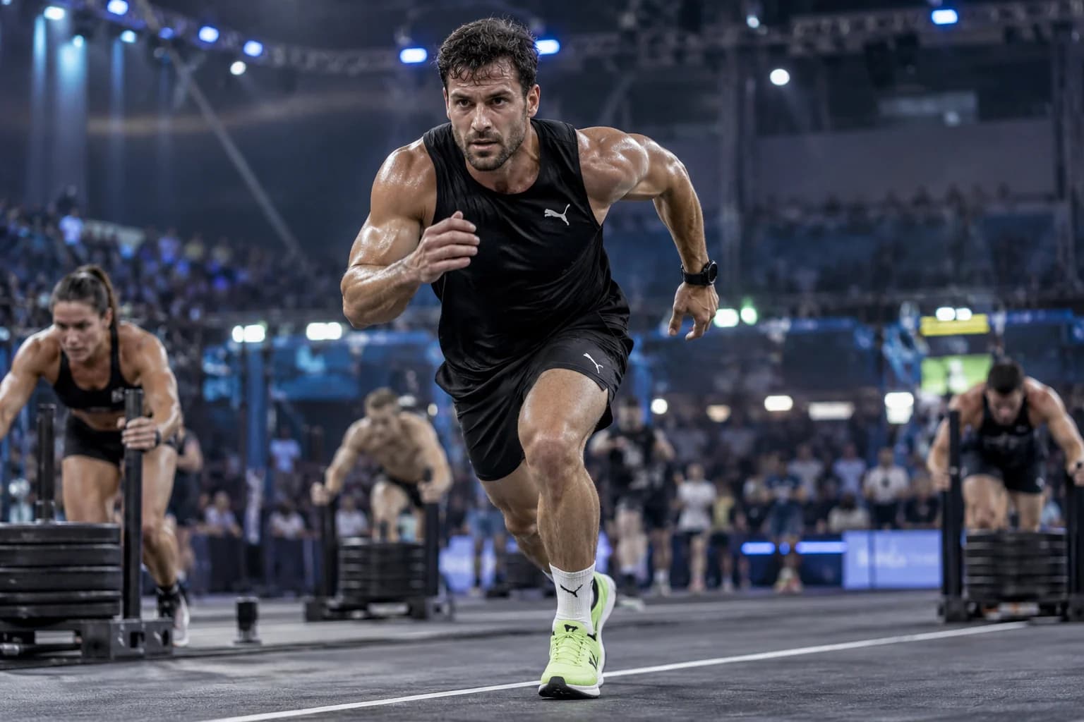 AI-gegenereerd sfeerbeeld: hardloper tussen indoor fitnessstations