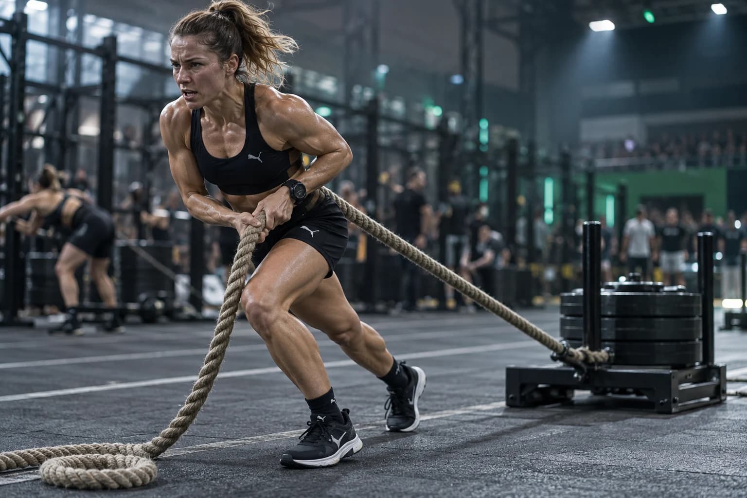 AI-generated atmosphere image: athlete pulling a sled with a rope under white spotlights