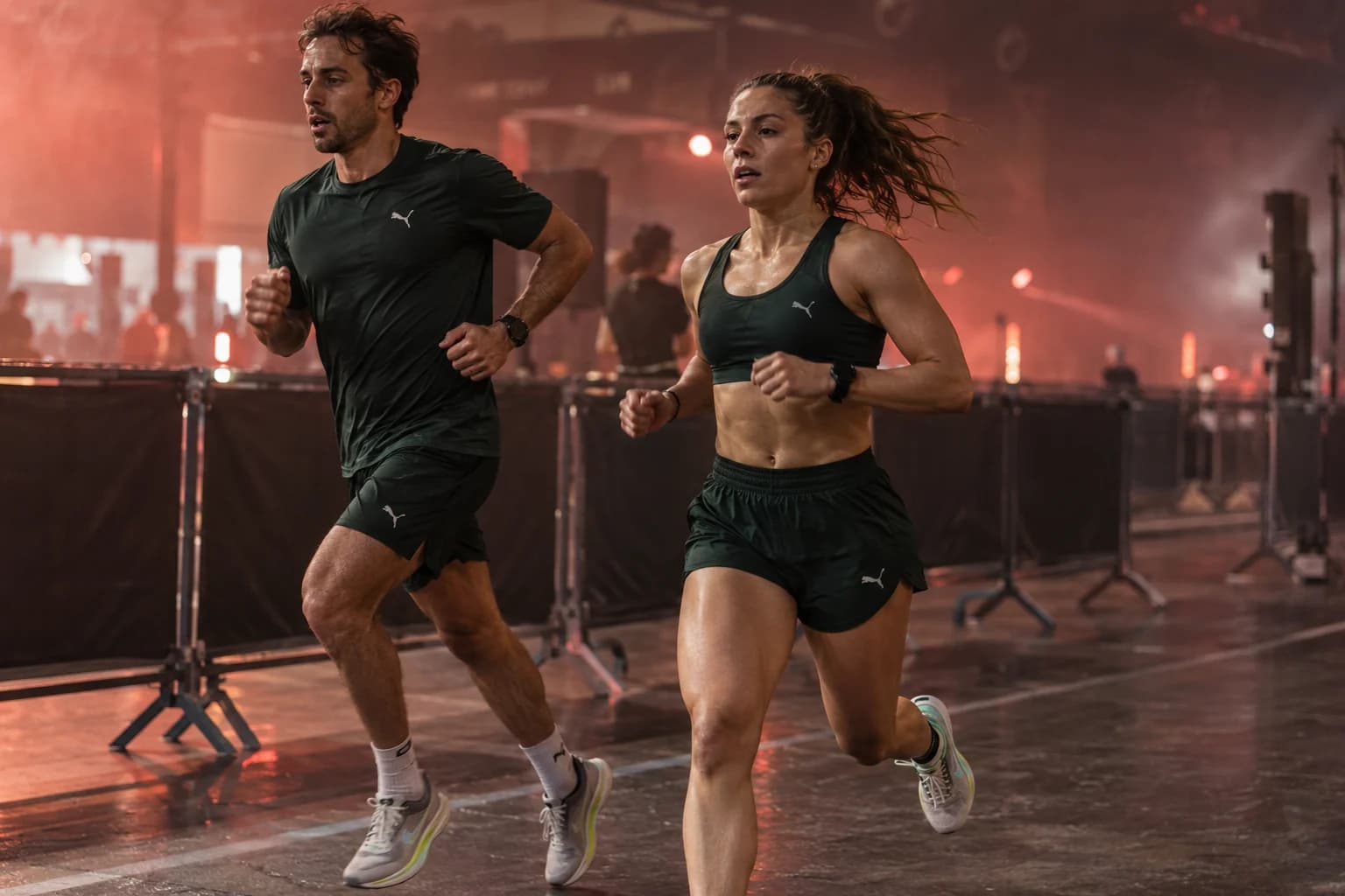 AI-generated atmosphere image: runner in red racing through a blue-lit indoor lane
