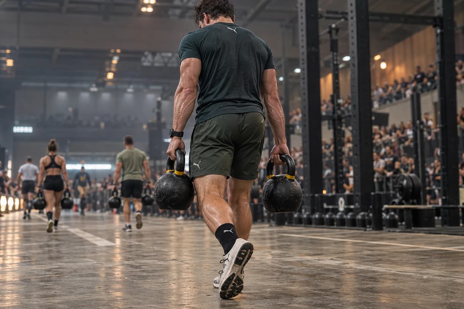 AI-generated atmosphere image: rear view of an athlete carrying kettlebells in a warm-lit arena