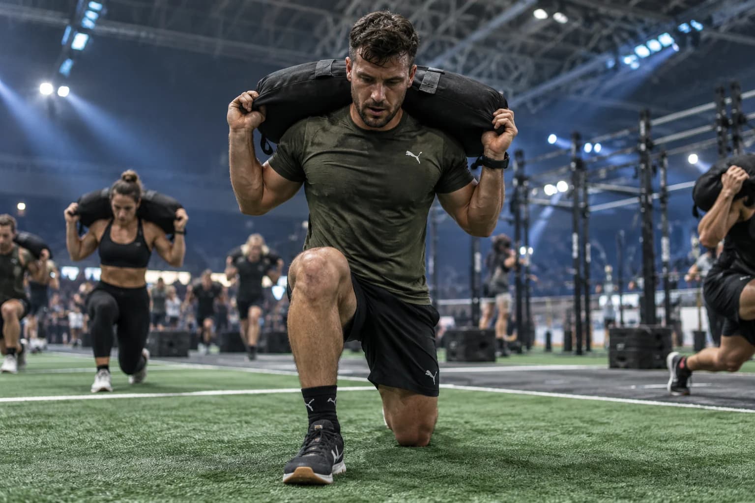 AI-gegenereerd sfeerbeeld: vooraanzicht van een sandbag lunge in een indoor wedstrijd