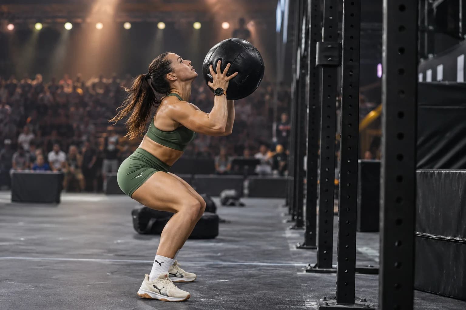 AI-gegenereerd sfeerbeeld: atlete die zich uitstrekt voor een wall-ball-worp
