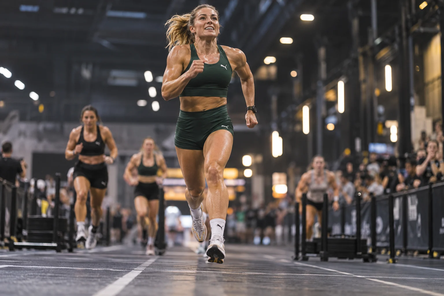 AI-gegenereerd sfeerbeeld: hardloopster die versnelt tijdens een felverlichte indoor fitnessrace