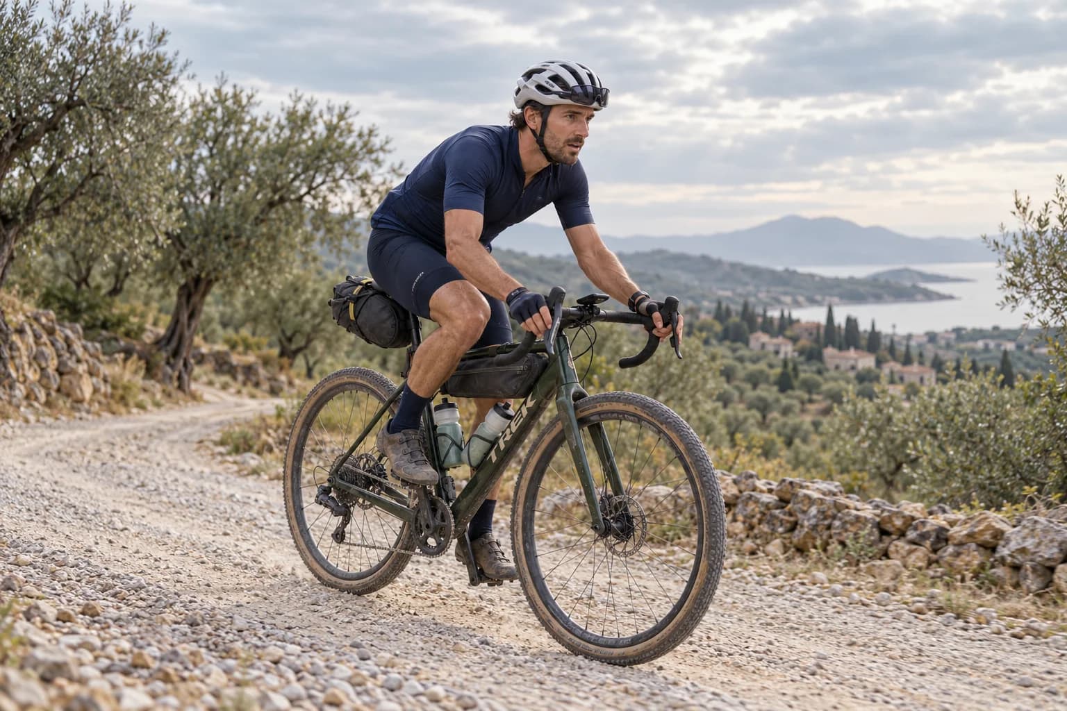 AI-gegenereerd sfeerbeeld: bikepacker op een bepakte gravelfiets langs een algemene mediterrane weg