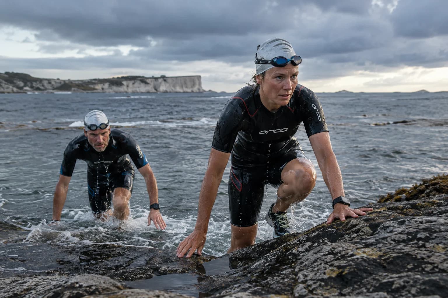 AI-gegenereerd sfeerbeeld: swimrunpartners die uit het water een rotsige oever opklimmen