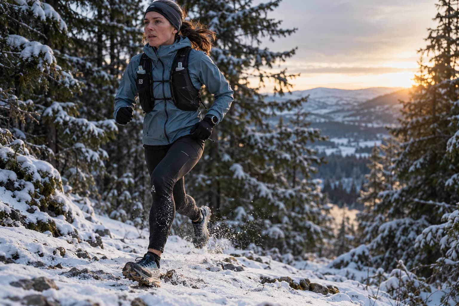 AI-gegenereerd sfeerbeeld: wintertrailrunster die sneeuw opwerpt op een bospad