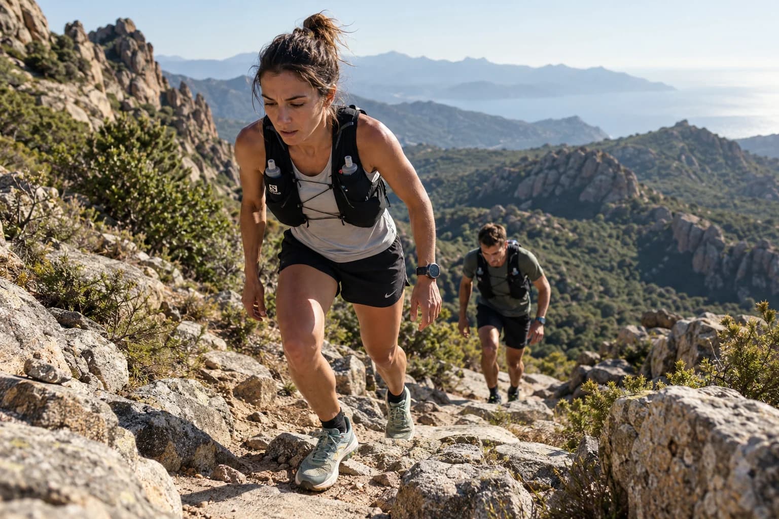 AI-gegenereerd sfeerbeeld: trailrunster op een zonnig granieten bergpad