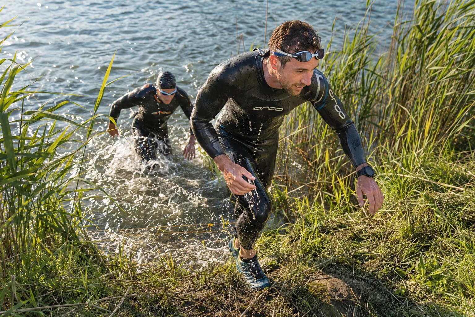 AI-gegenereerd sfeerbeeld: swimrunpartners op een grasachtig eilandpad