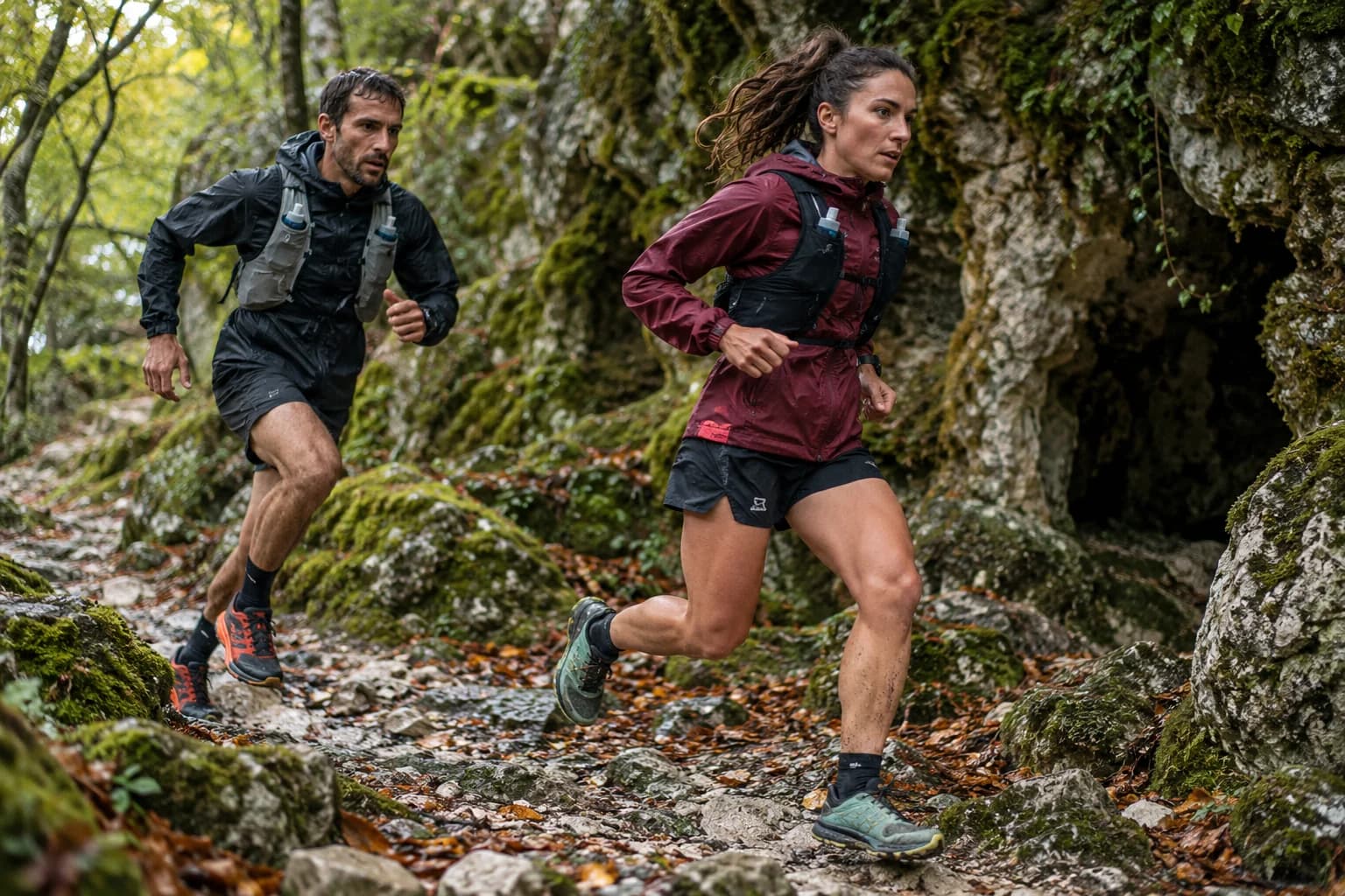 AI-gegenereerd sfeerbeeld: trailrunners langs bemoste kalksteen en een rotsopening