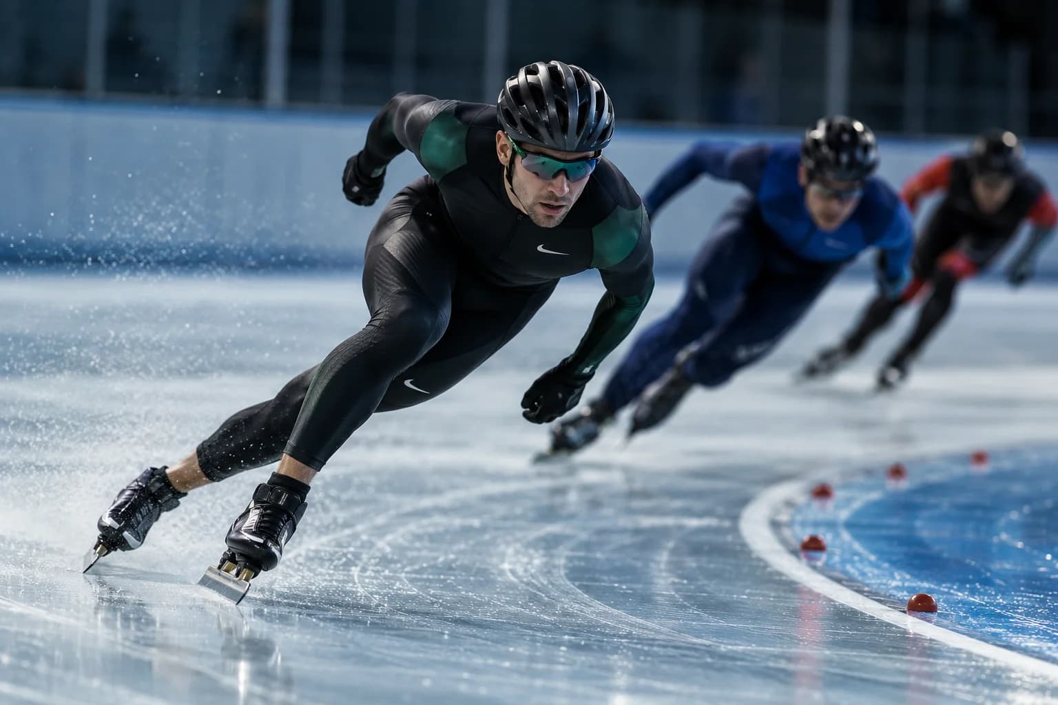 AI-gegenereerd sfeerbeeld: schaatser in een bocht op een ijsbaan