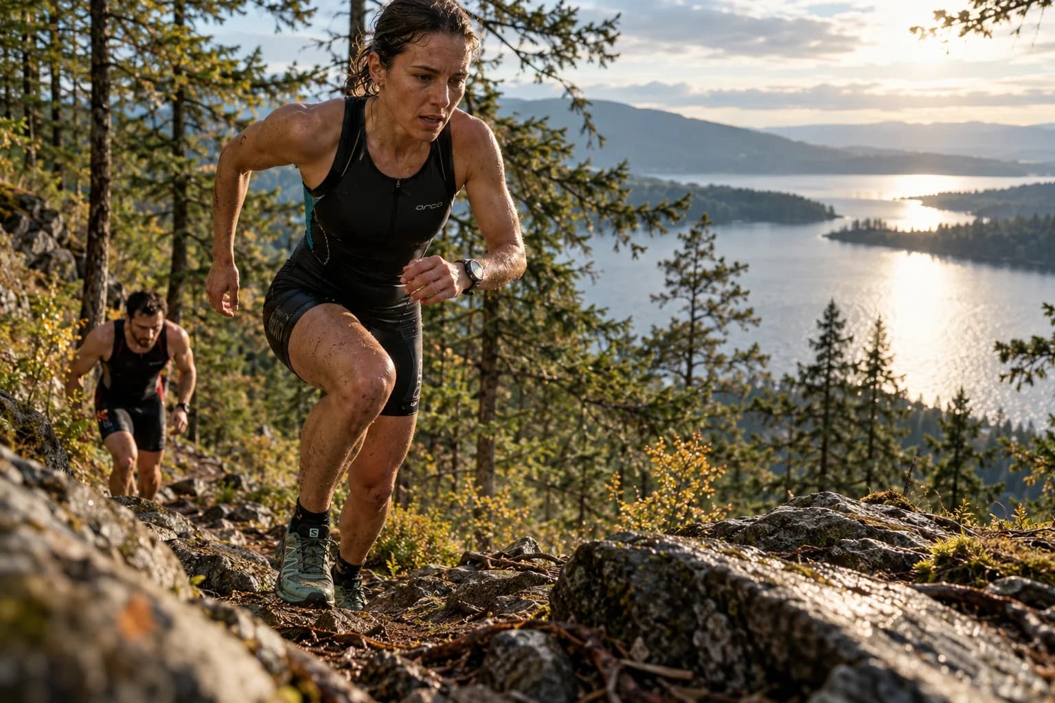 AI-gegenereerd sfeerbeeld: offroad-triatleet op een rotsige boshelling na de wissel