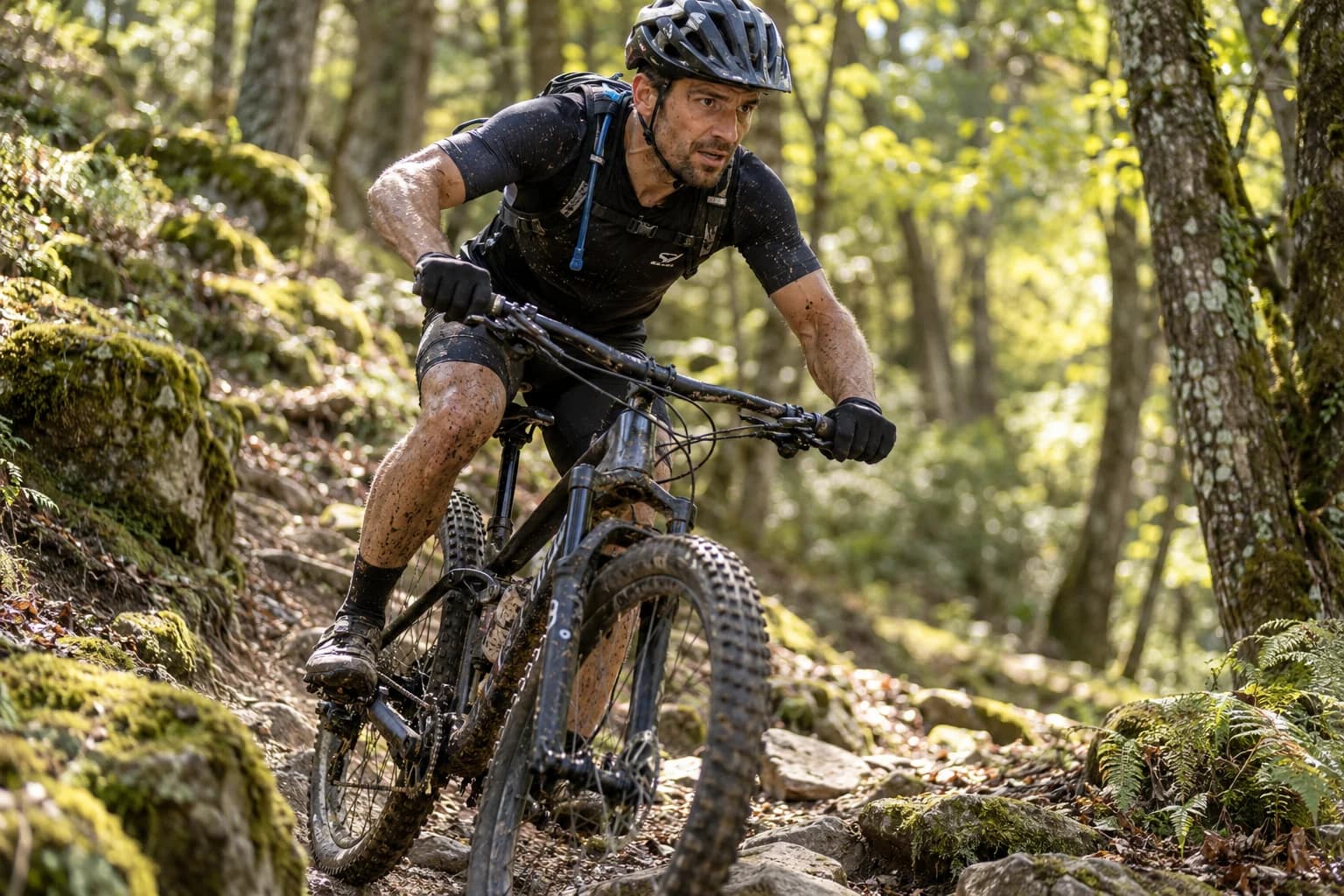 AI-gegenereerd sfeerbeeld: offroad-triatlete op een mountainbike in het bos