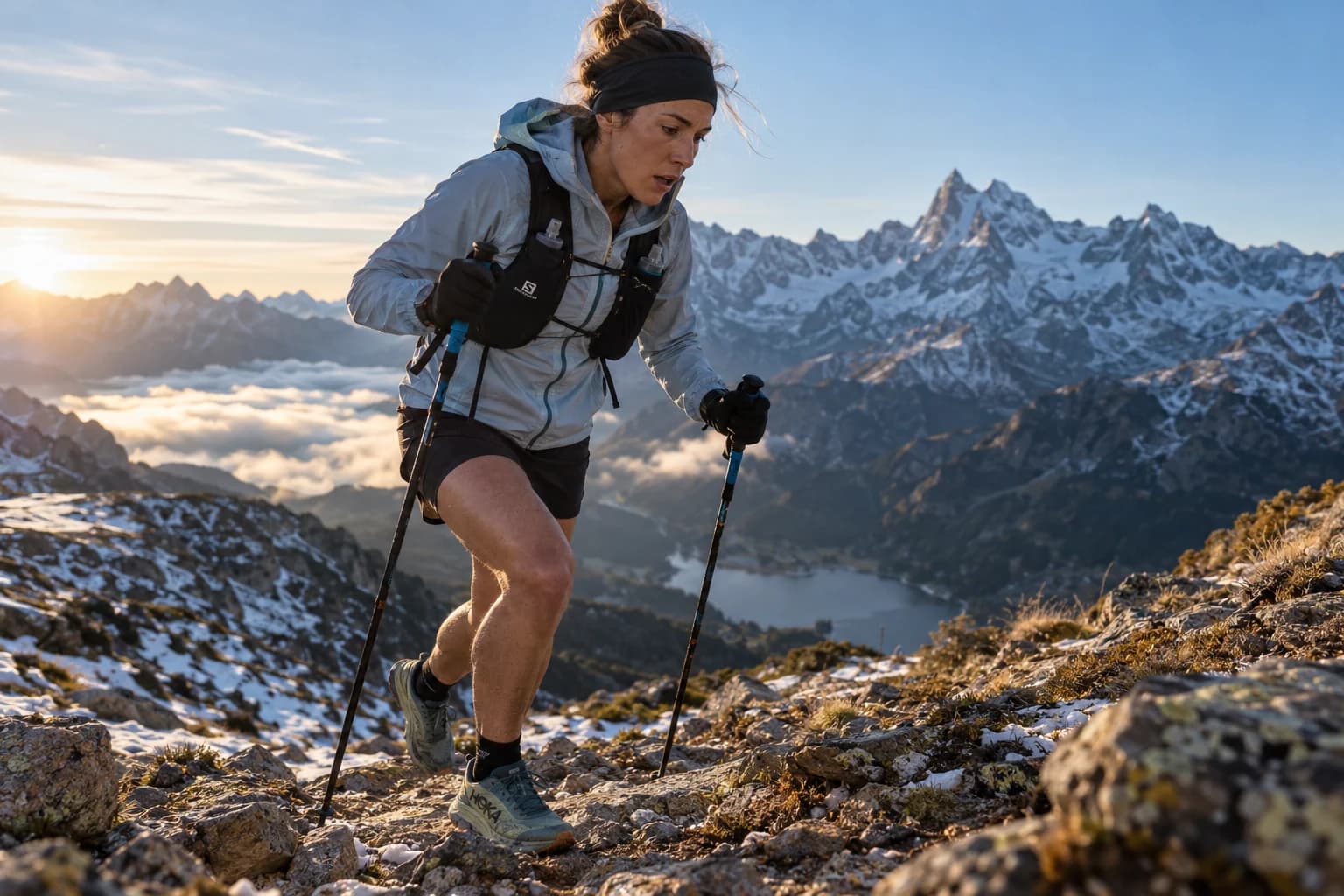 AI-gegenereerd sfeerbeeld: trailrunster met stokken op een alpien bergpad